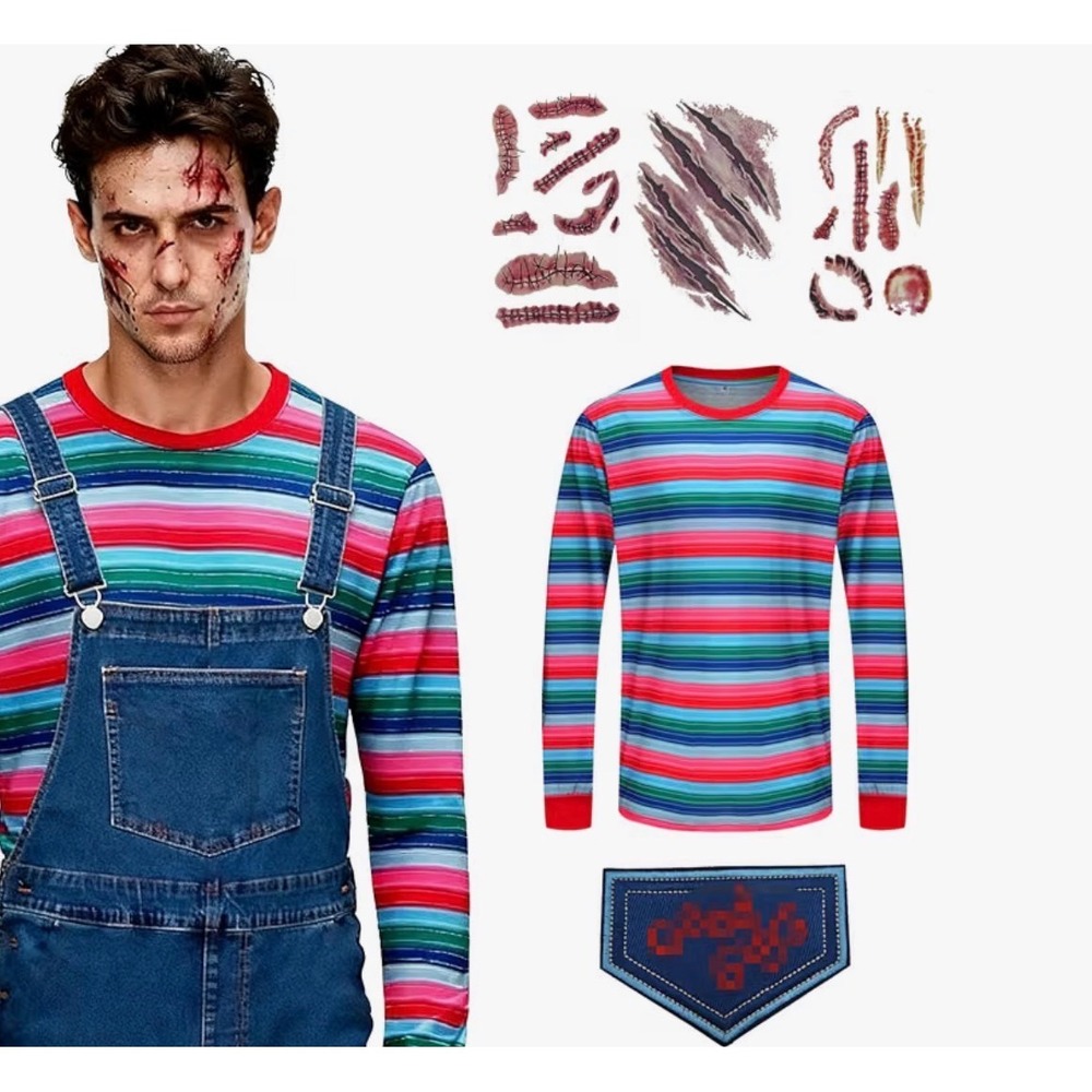 NWT chucky good guys Halloween Costume for Men Horror Striped Long Sleeve Shirt